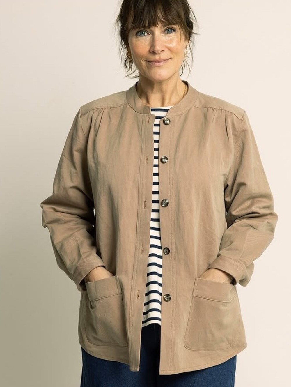Lightweight Utility Blazer in Tan — Button-Front Workwear Style